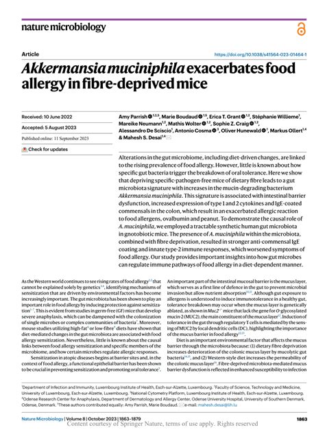 Akkermansia muciniphila exacerbates food allergy in fibre .